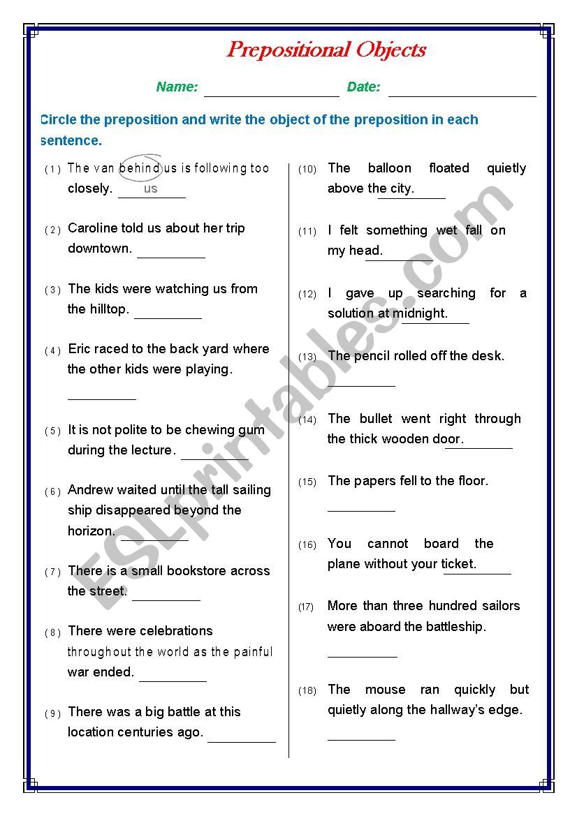 Prepositional Objects worksheet