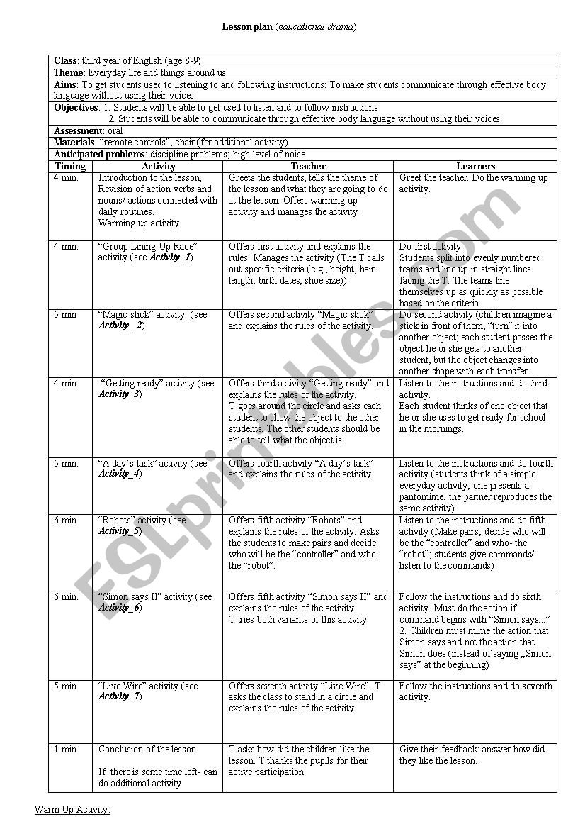 Lesson plan- educational drama  (actions,nouns)