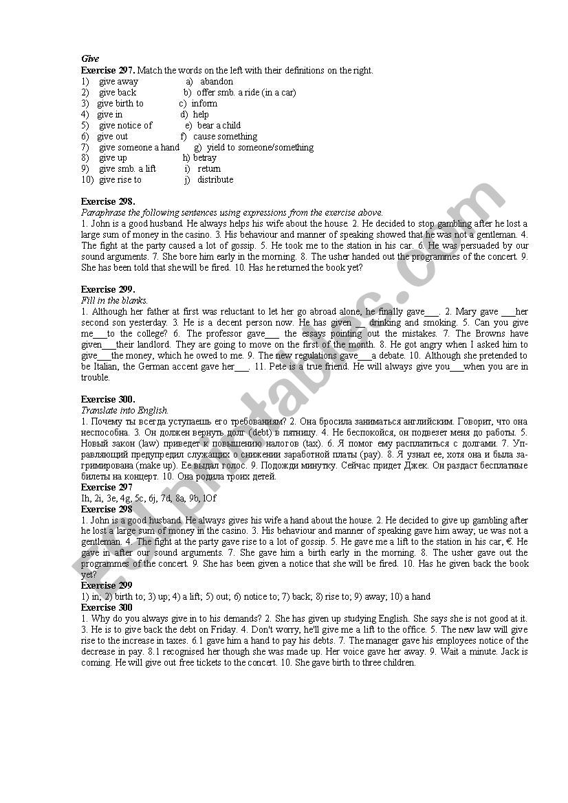 phrasal verb give worksheet