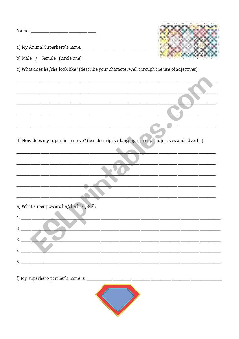 Superhero: Creative and descriptive character building worksheets