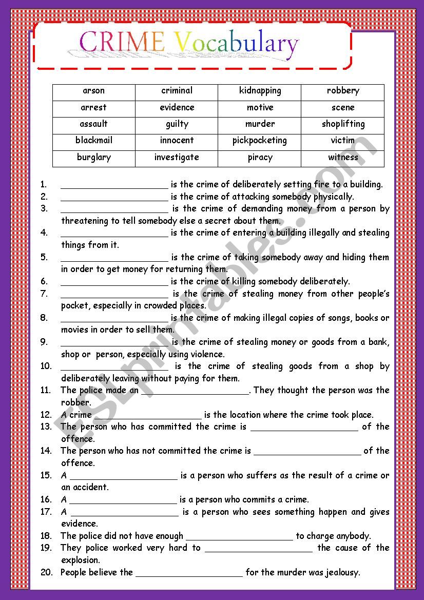 Vocabulary about Crimes worksheet
