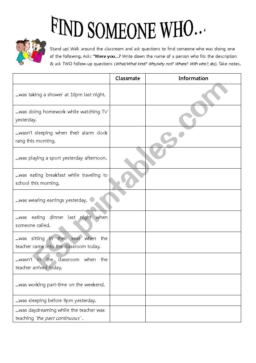 Past Continuous Find Someone Who - ESL worksheet by Dalgi