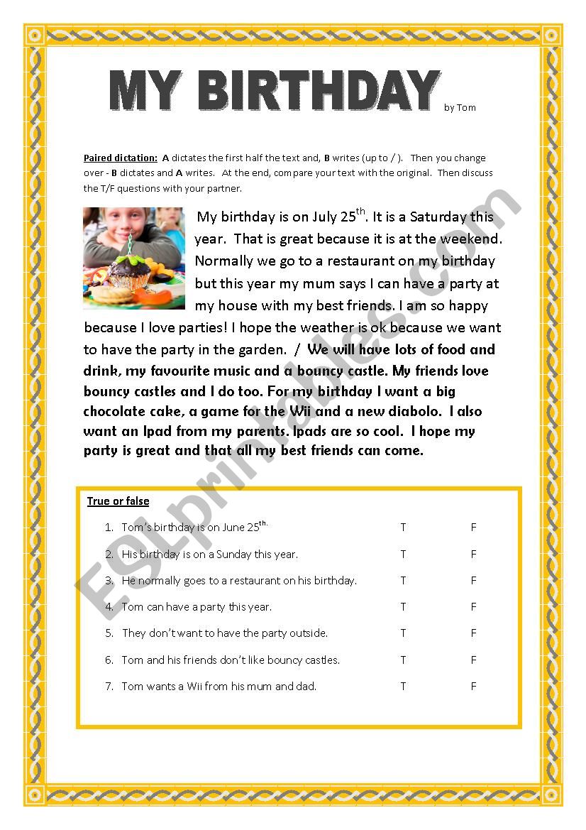 Birthday paired dictation worksheet