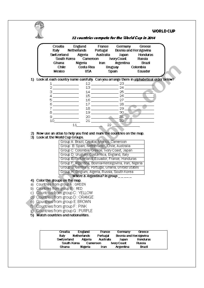 2014 WORLD CUP worksheet