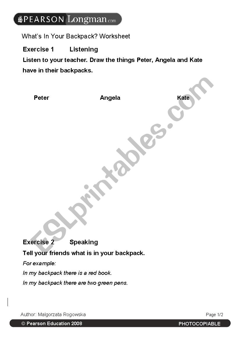 backpackers  worksheet
