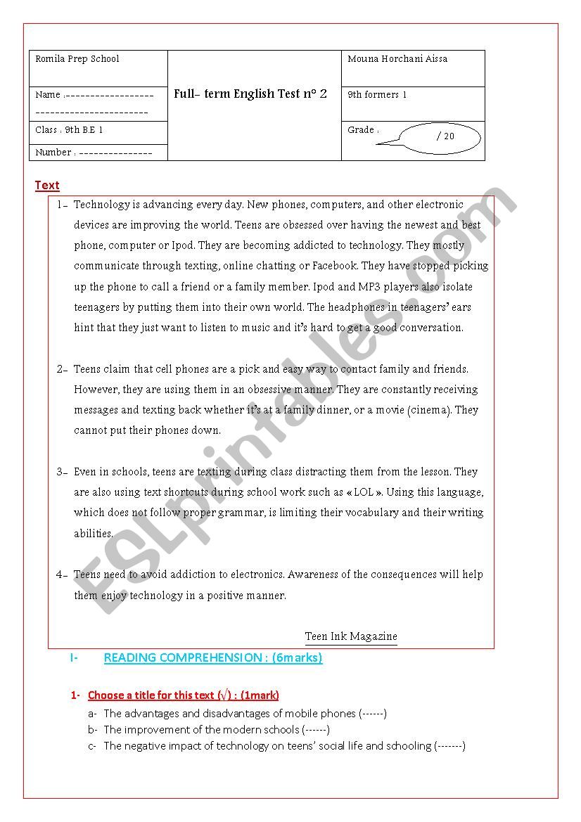 End of Term English test n2 worksheet