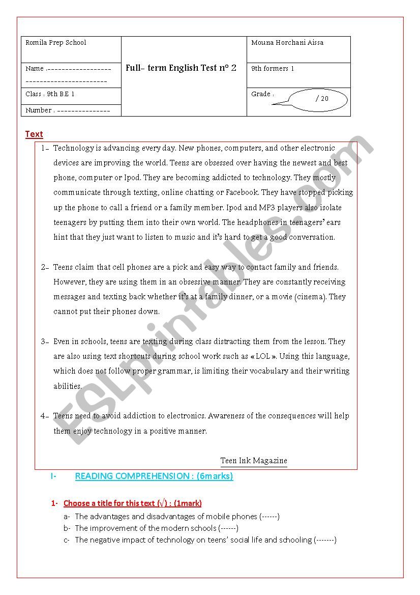 End of Term English test n°2 worksheet