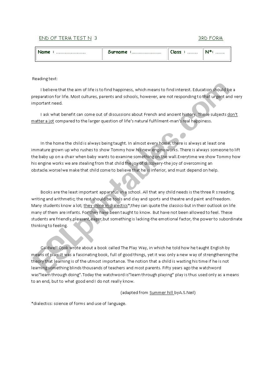 END OF TERM TEST FOR 3RD FORM worksheet