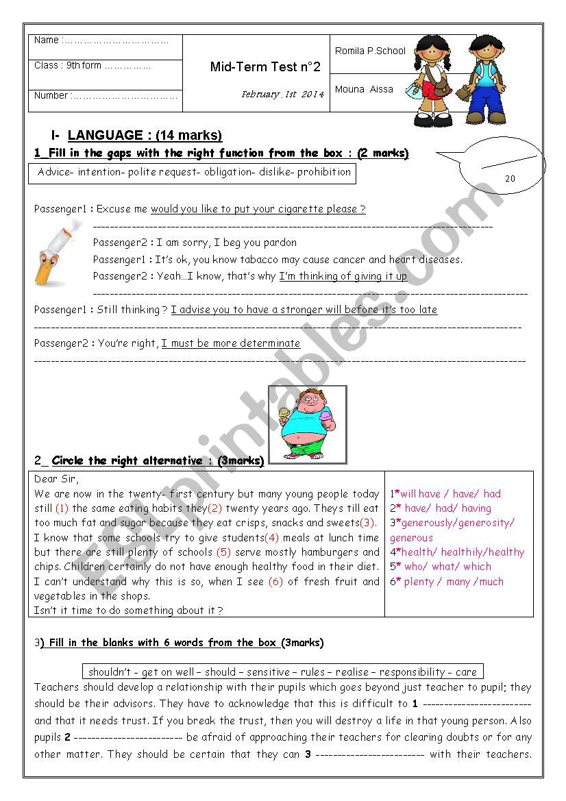 mid_term test 9th form worksheet