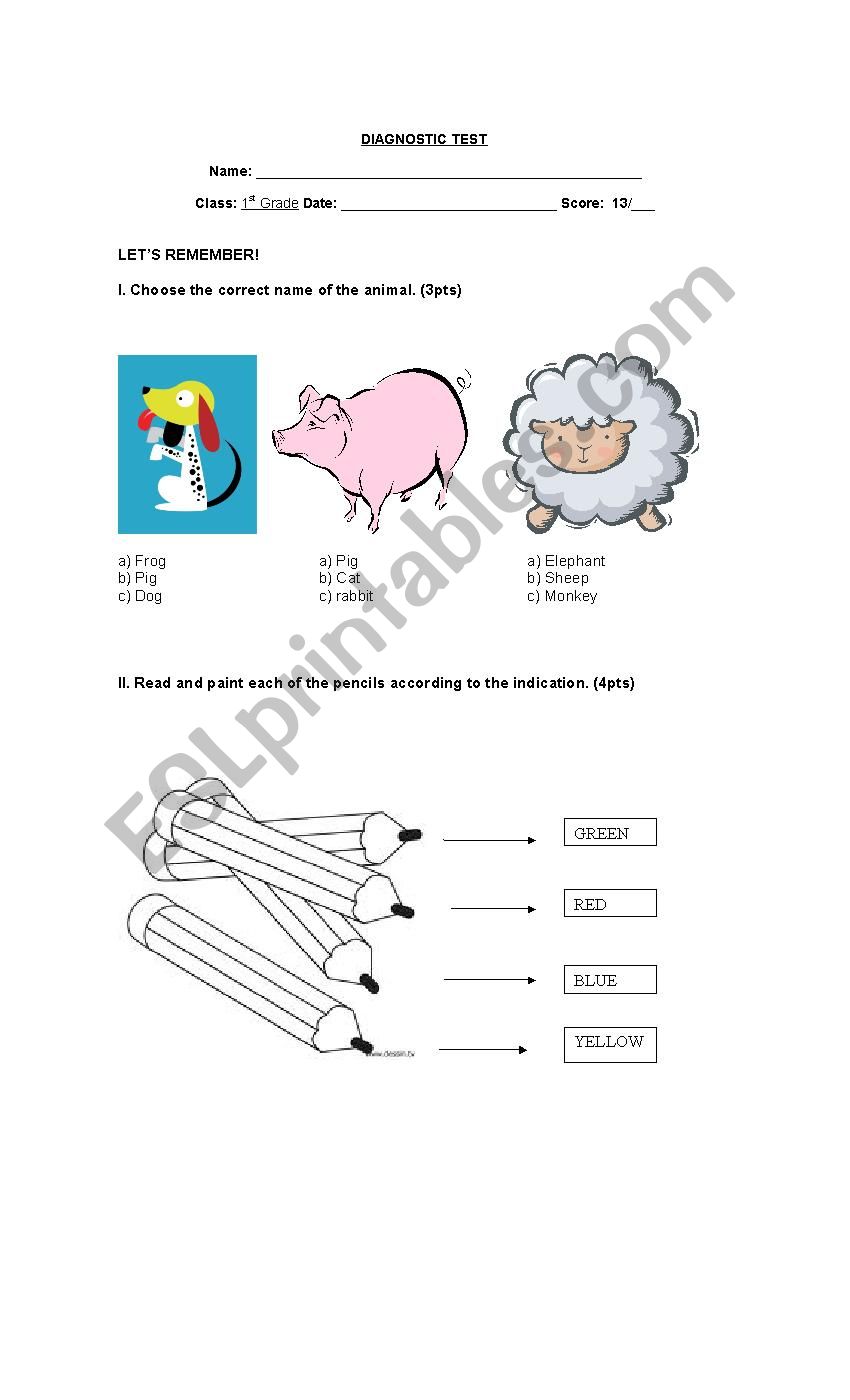 english diagnostic test 1st grade