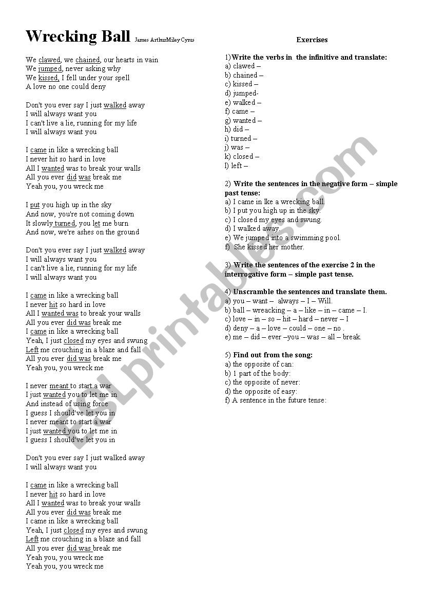 wrecking ball -song worksheet