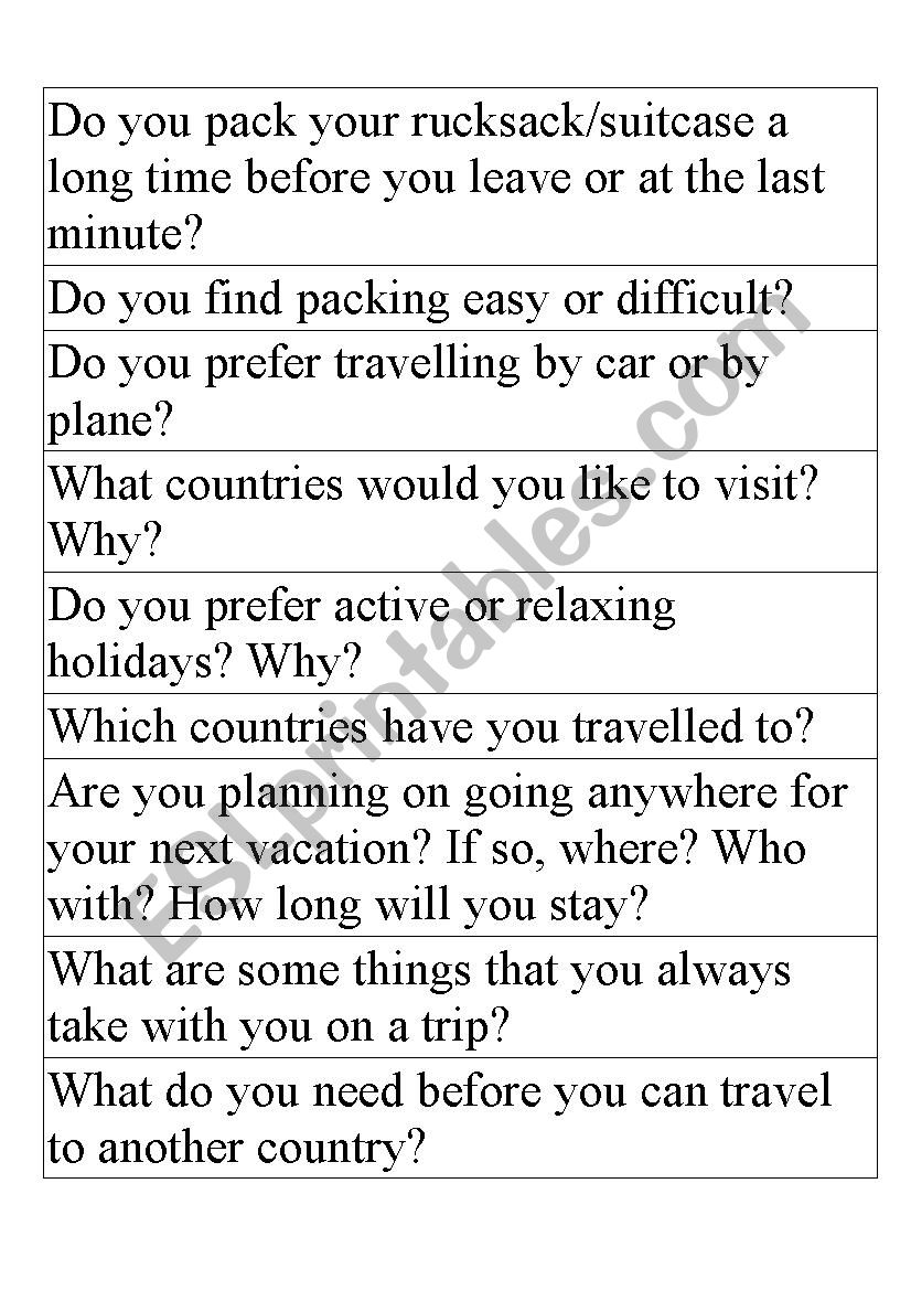 Travel worksheet