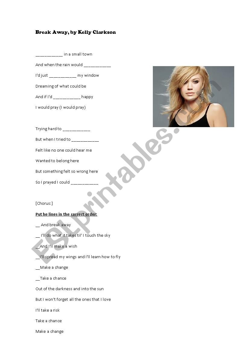 Break Away, by Kelly Clarkson worksheet