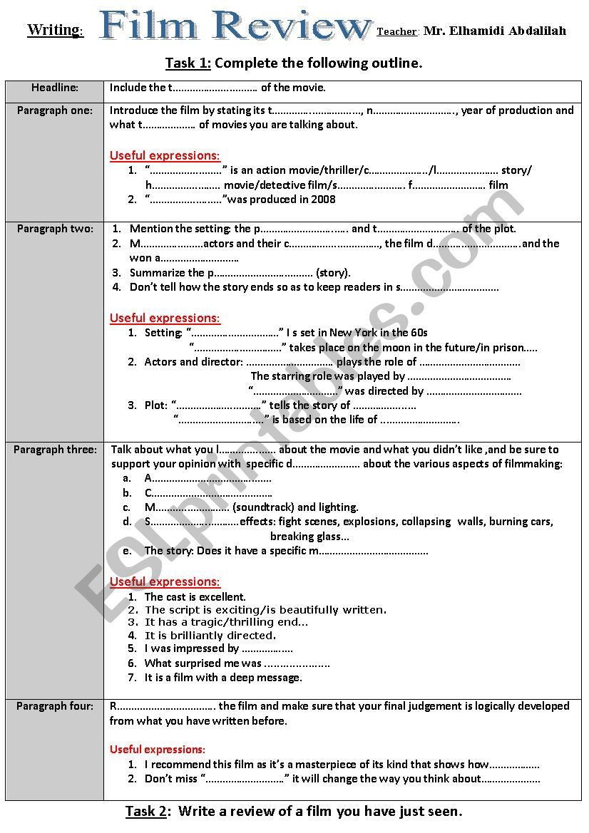 FILM REVIEW OUTLINE worksheet