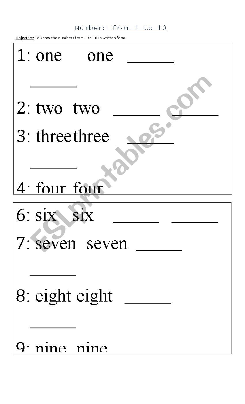 Numbers from 1 to 10 worksheet