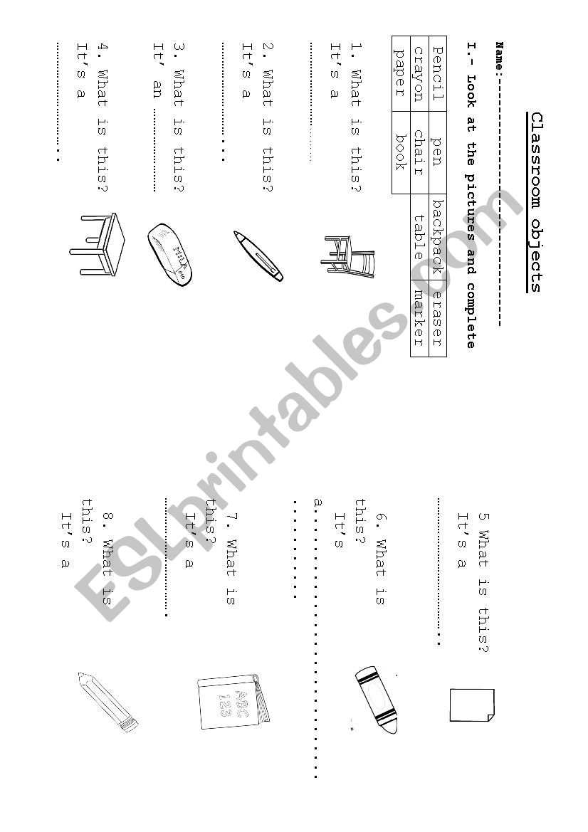 classroom objects worksheet