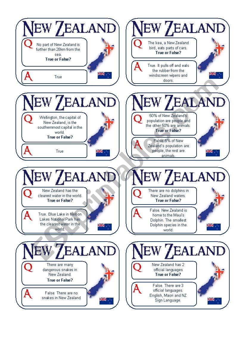 New Zealand True False Quiz Cards