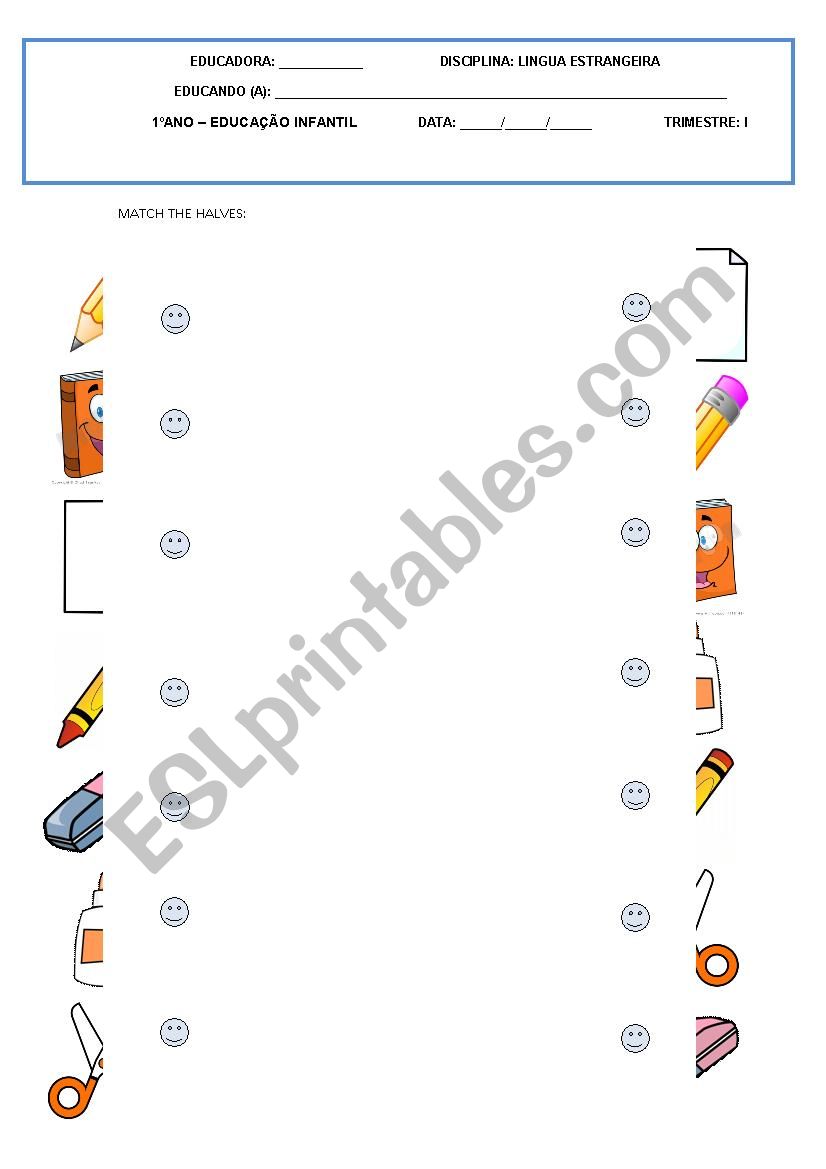 MATCH THE SCHOOL OBJECTS worksheet