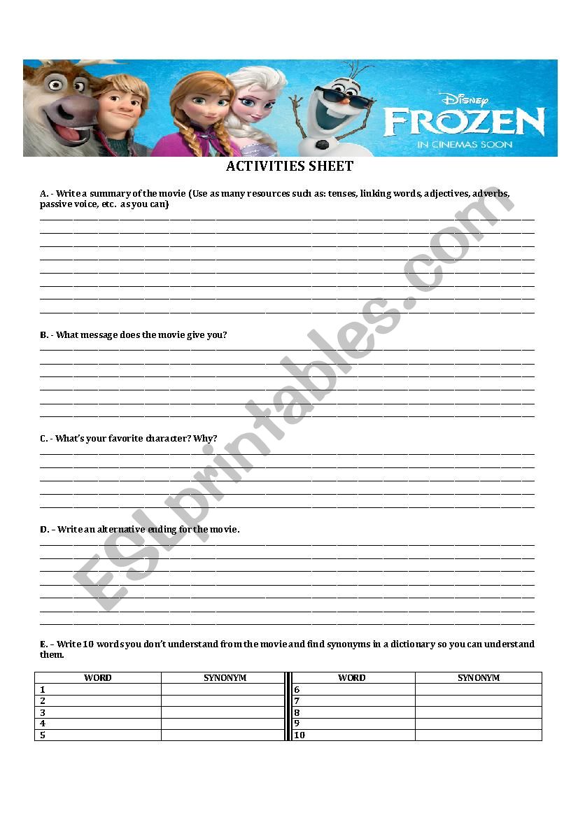 Frozen  worksheet