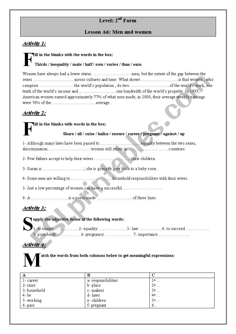 men and women worksheet