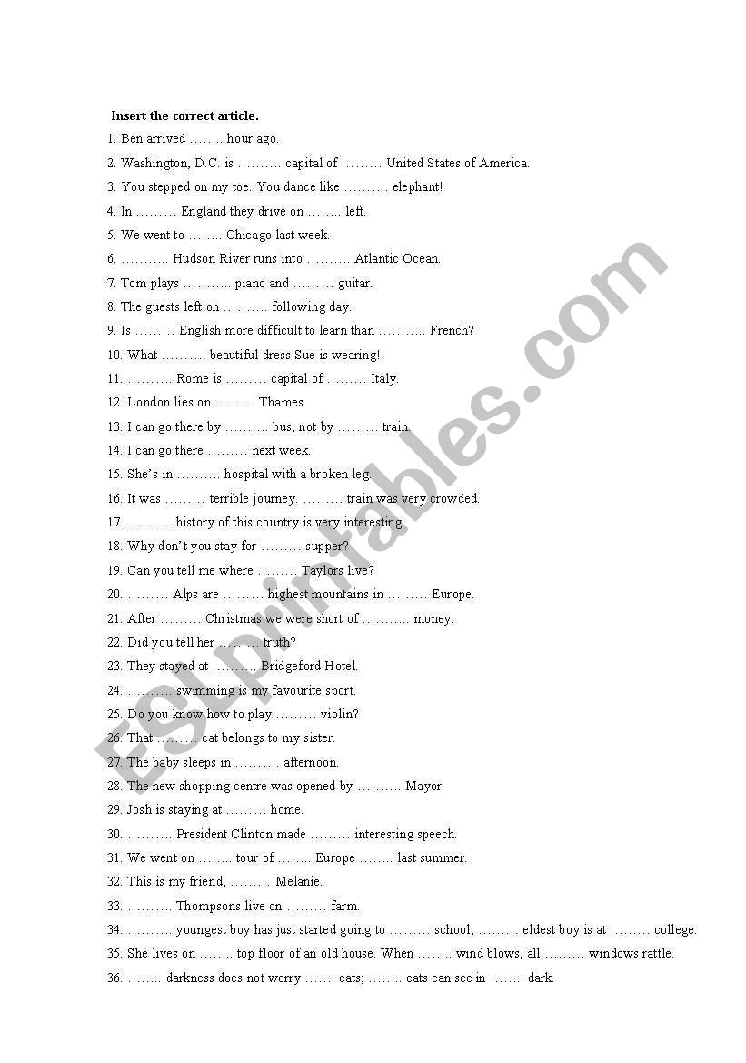 Articles worksheet