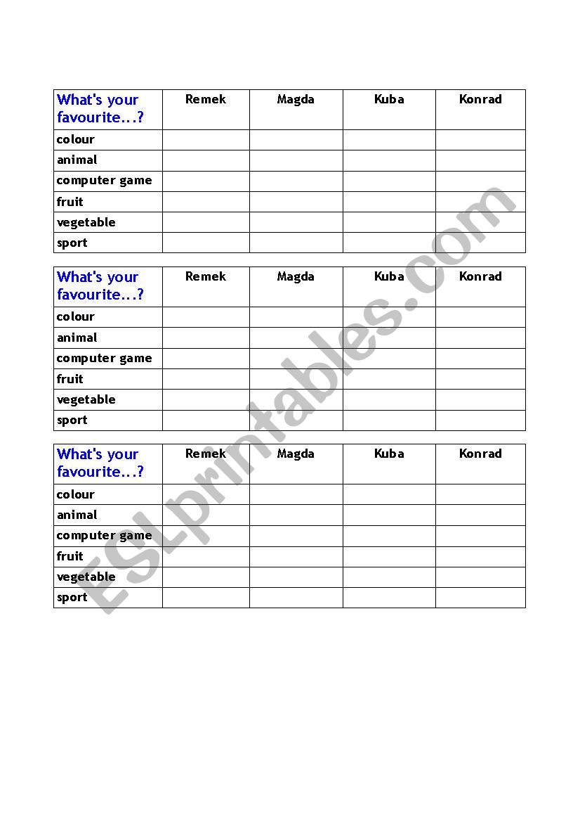 Class survey- favourites worksheet