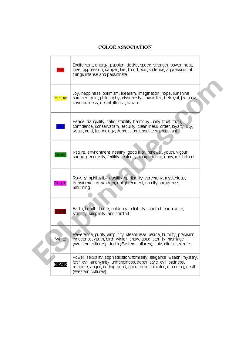 COLOR ASSOCIATION worksheet