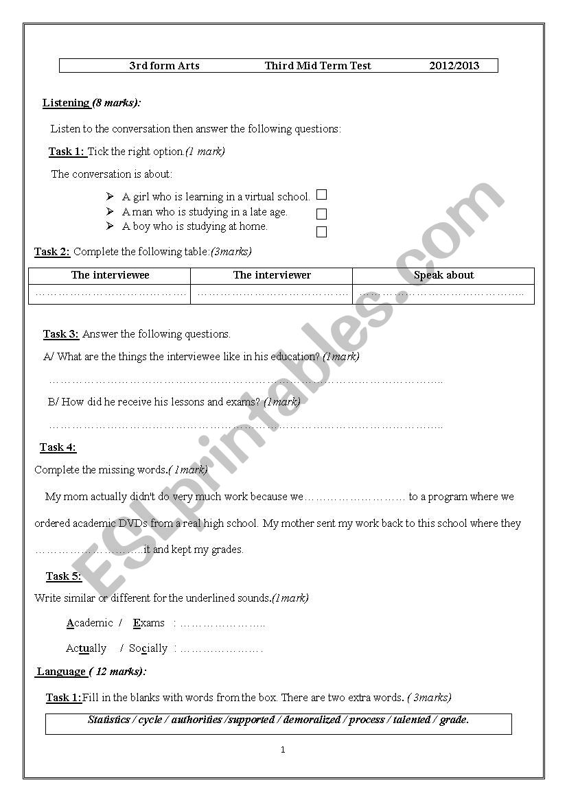 third mid term test  worksheet