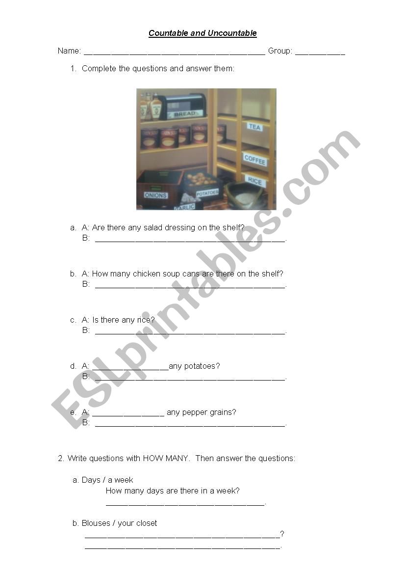 Countable and Uncountable worksheet