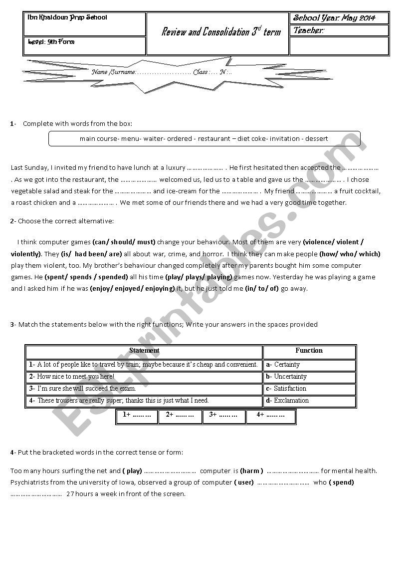 review and consolidation For 9th forms 3rd term