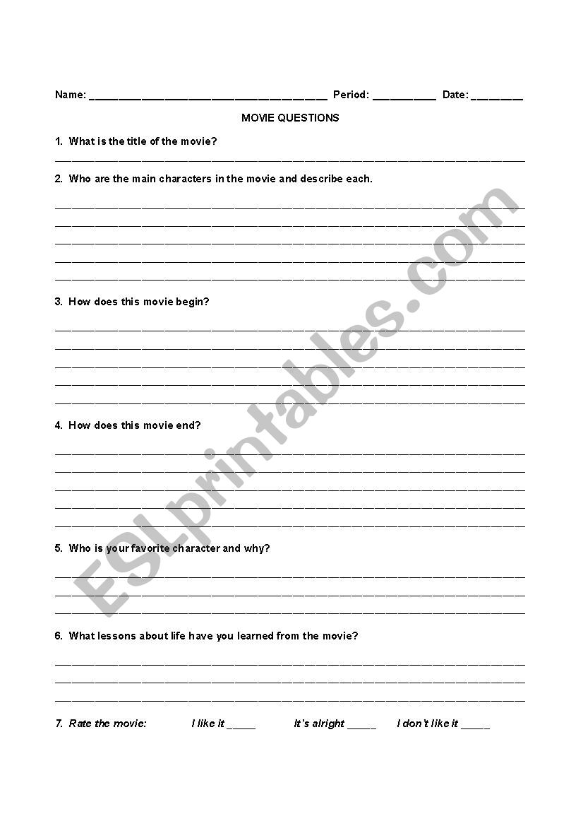 Generic - Movie Questions worksheet