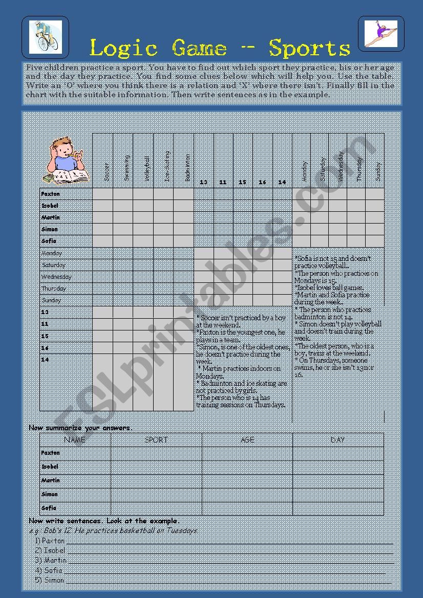 Logic game-Sports, 2 pages, key included.