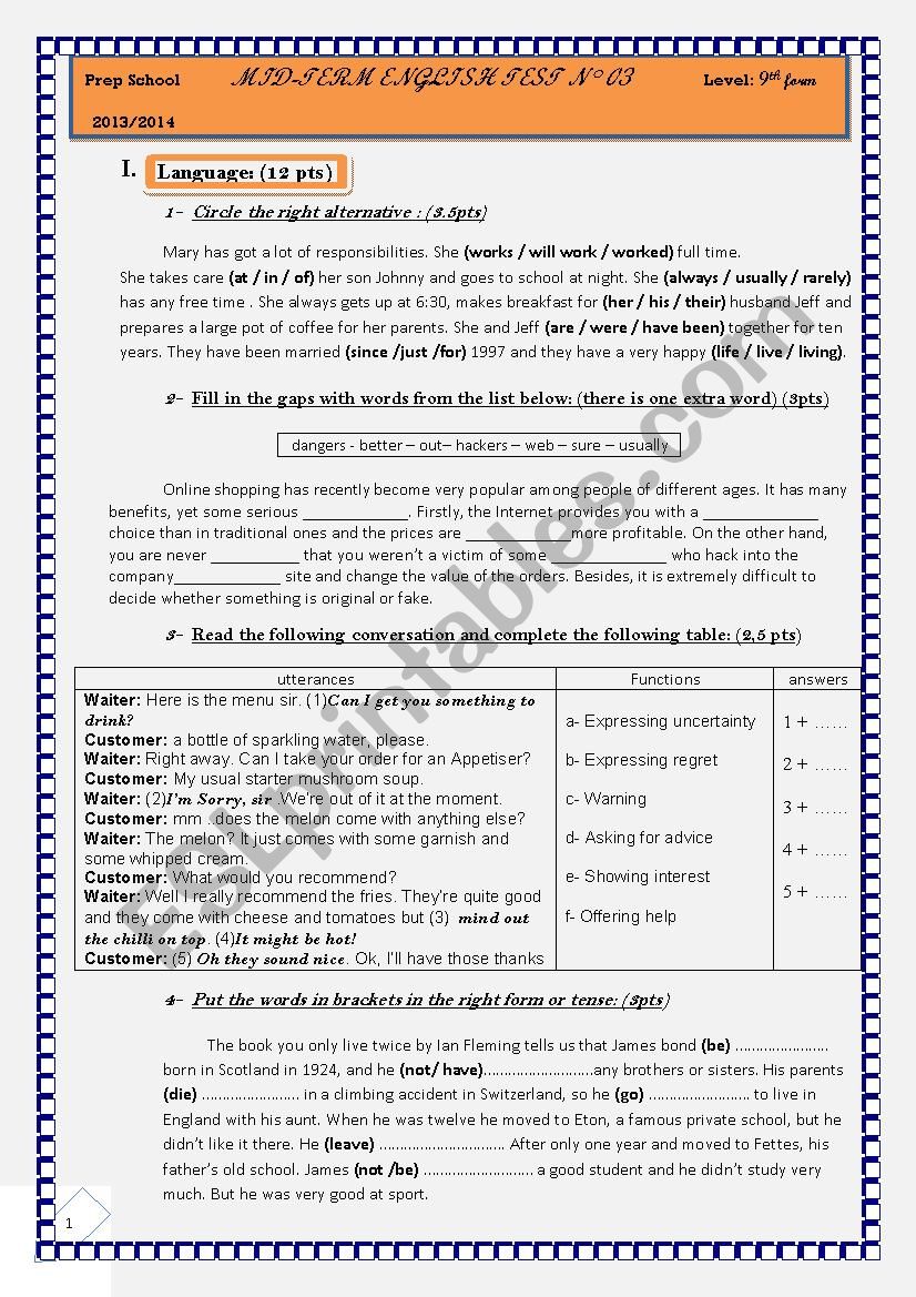  test N 3 9th form worksheet