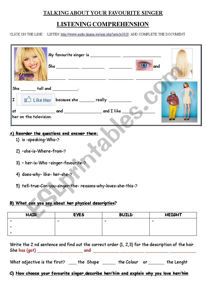 My favourite singer worksheet