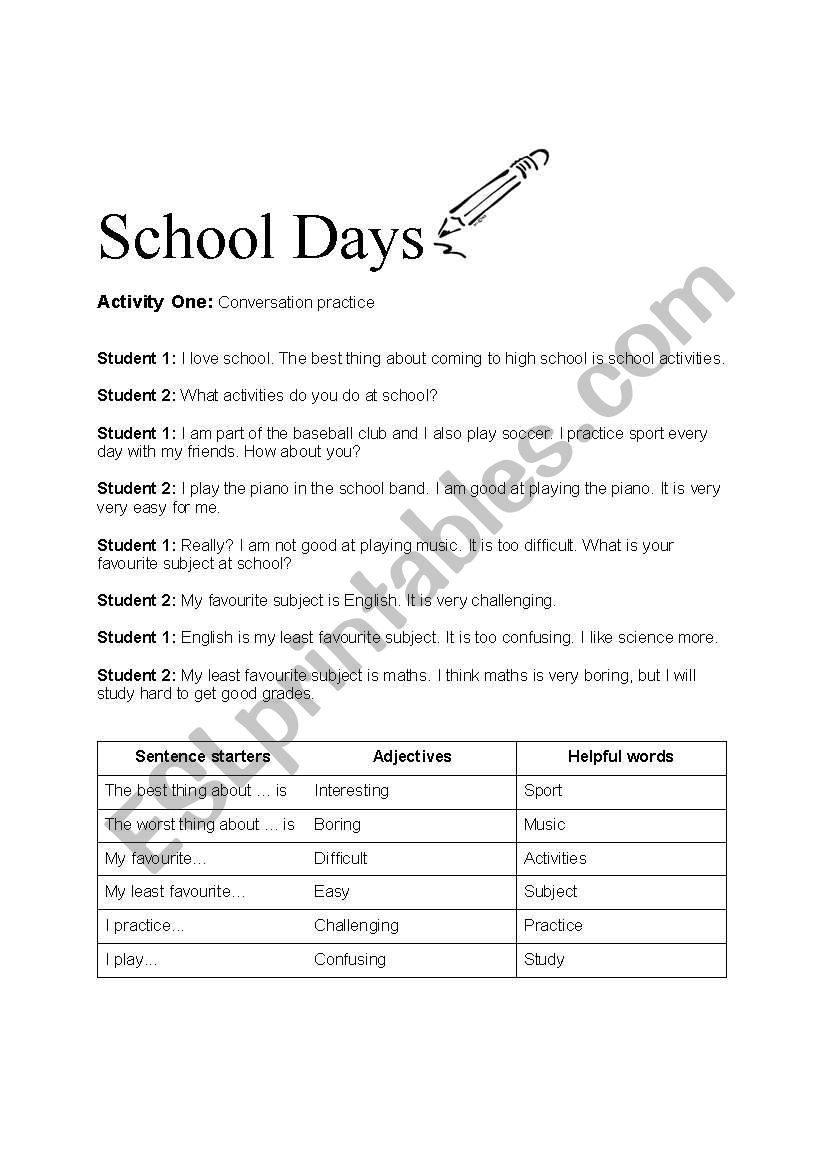 School Days worksheet