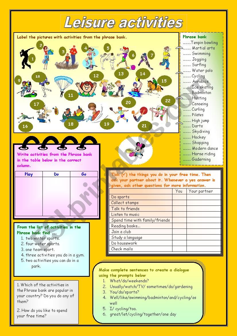 Leisure activities worksheet