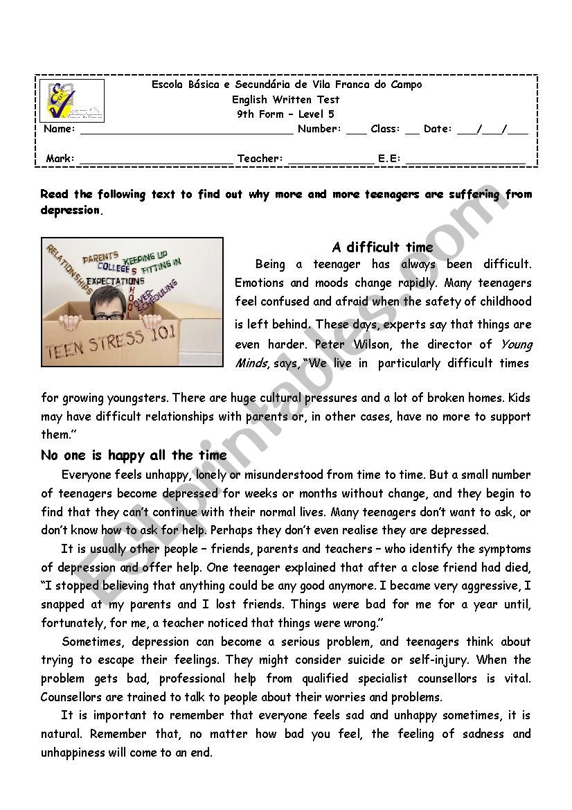 TeensÂ´ Problems worksheet