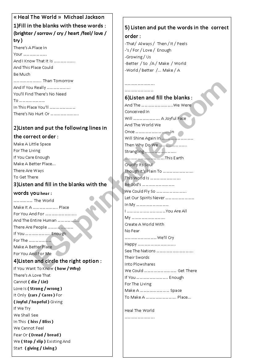 Heal the world worksheet