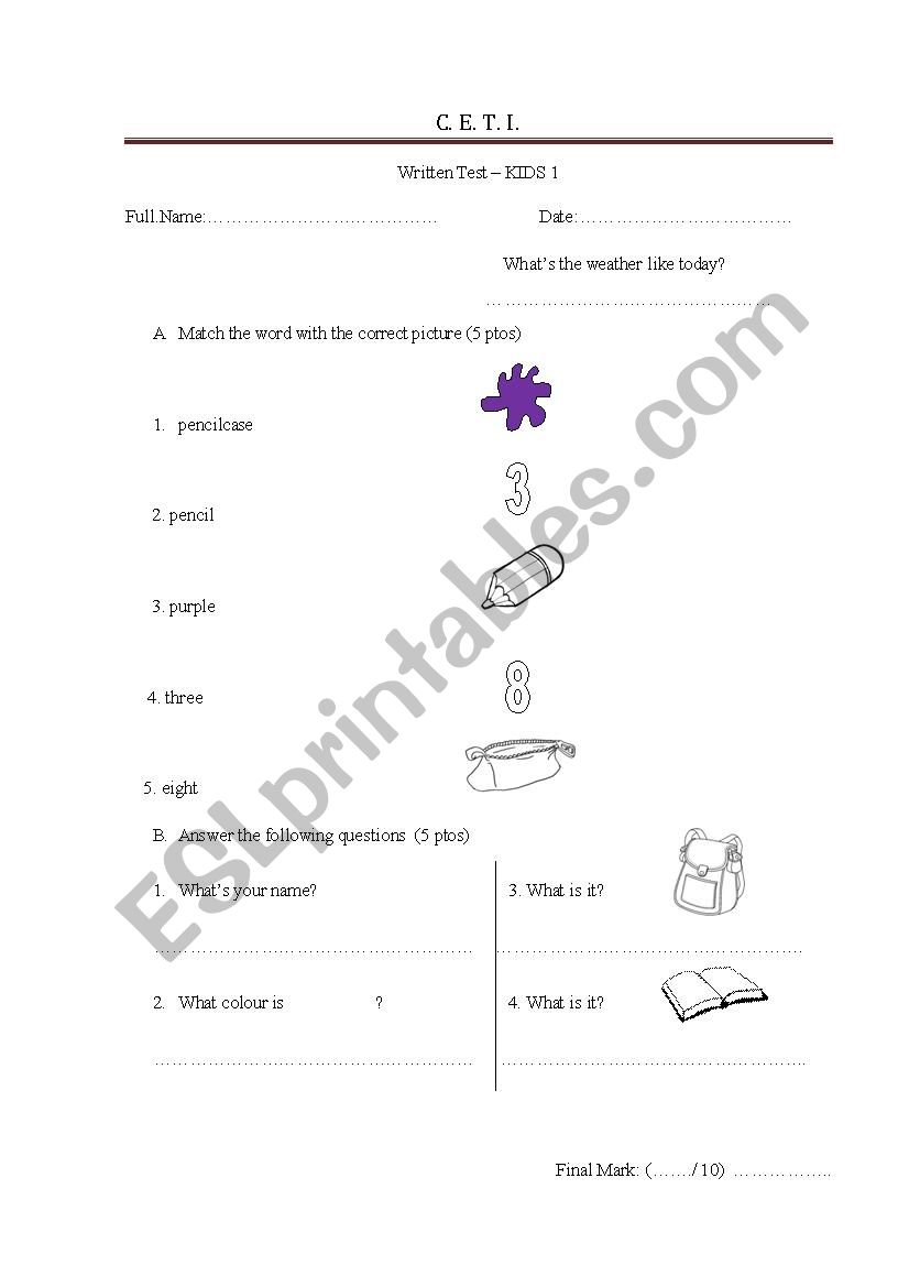 test for begginers worksheet