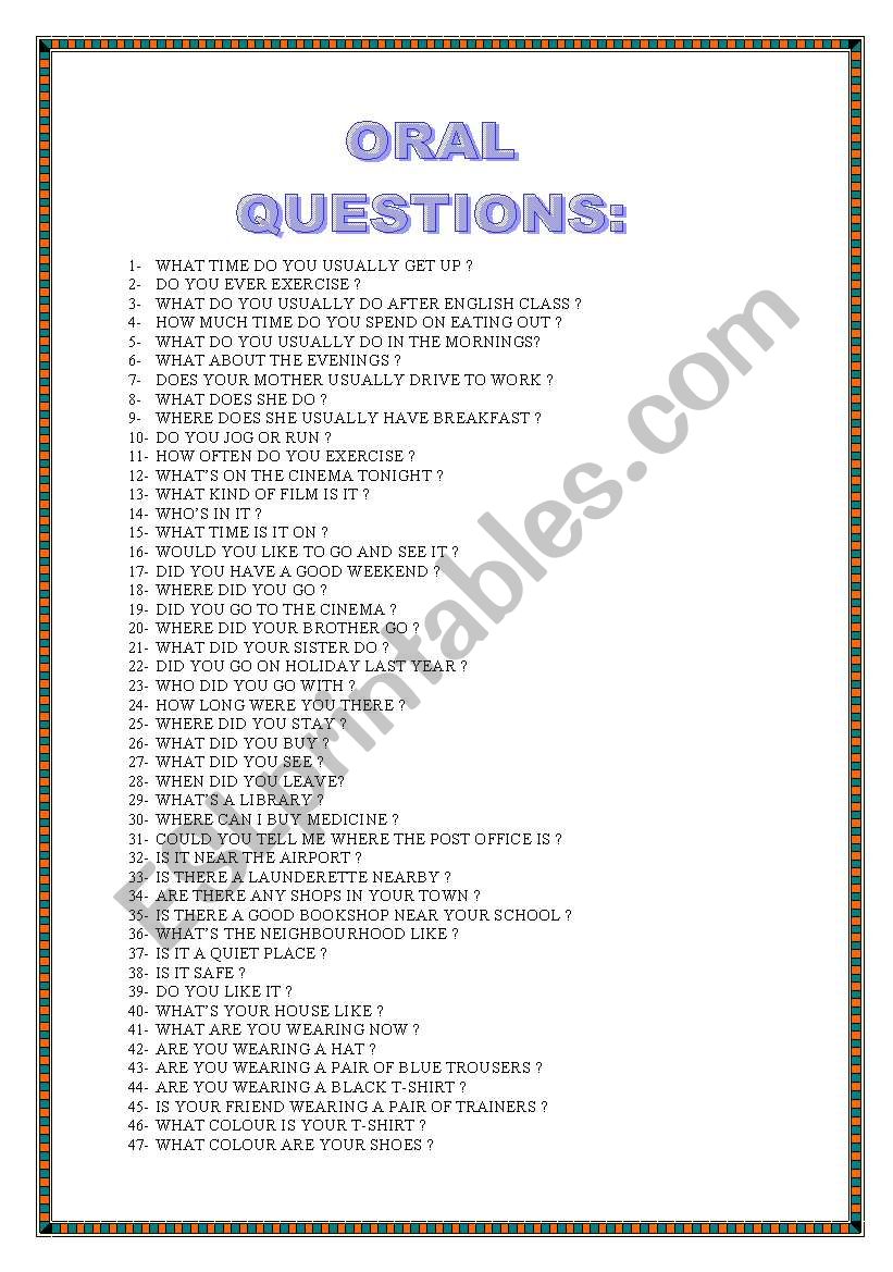 ORAL QUESTIONS worksheet