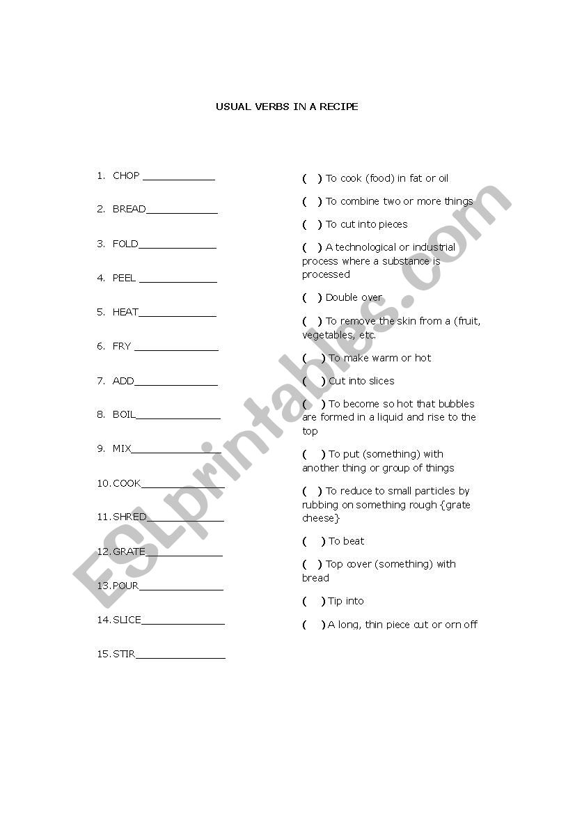Usual Verbs in a Recipe worksheet