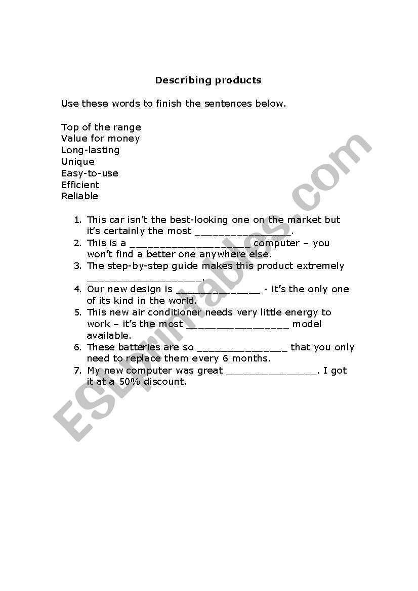 Describing Products worksheet