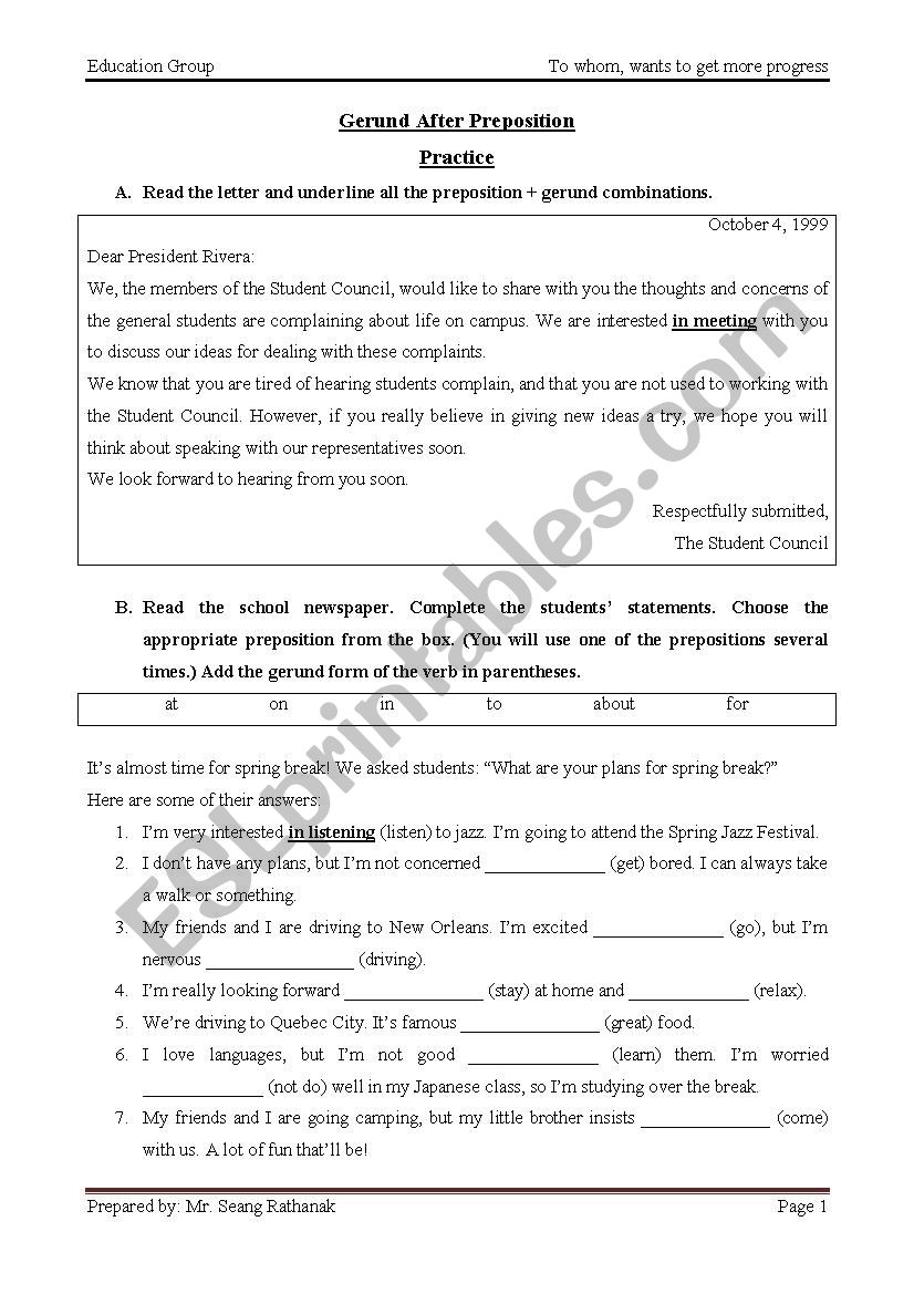 Gerund After Preposition  worksheet