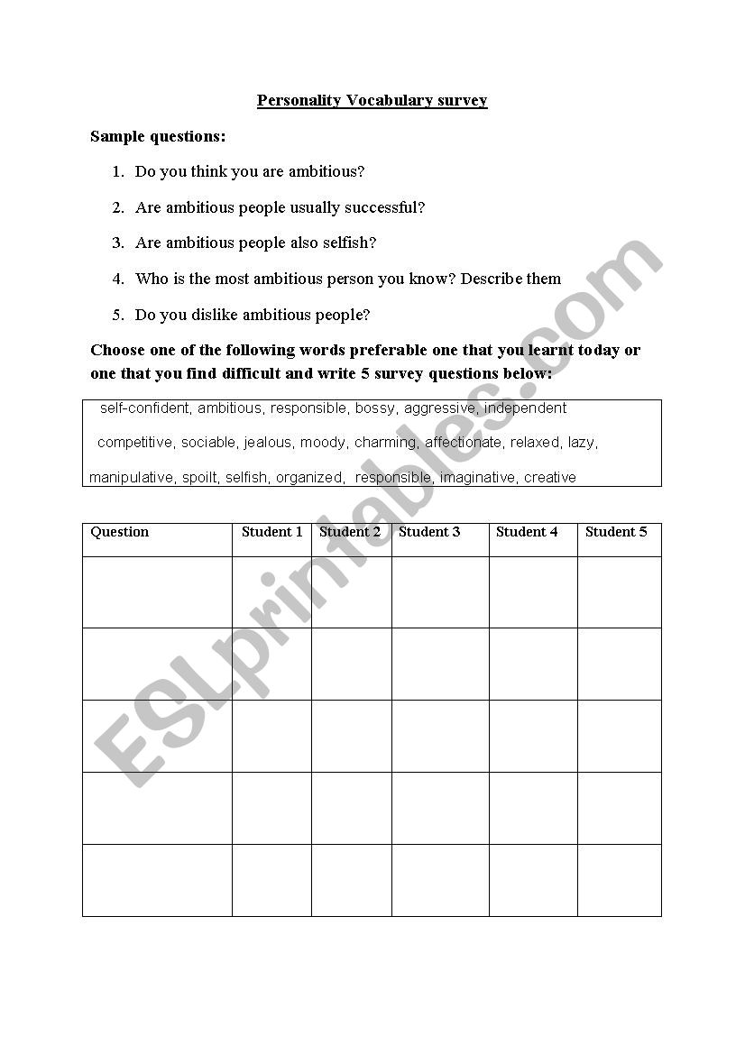 Personality Vocabulary worksheet