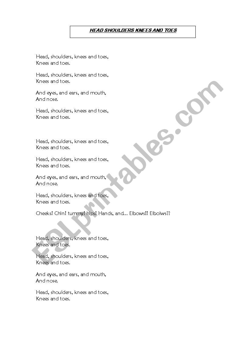 Head Shoulders Knees and Toes worksheet Head Shoulders Knees and Toes worksheet