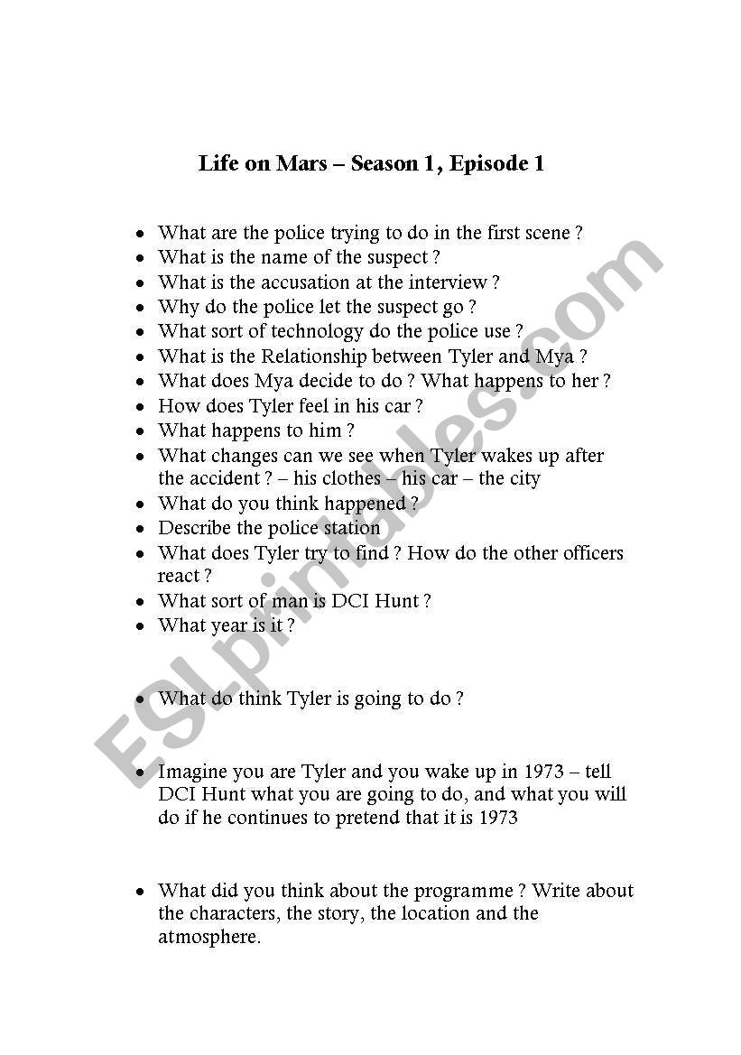 Life on Mars Episode 1 worksheet