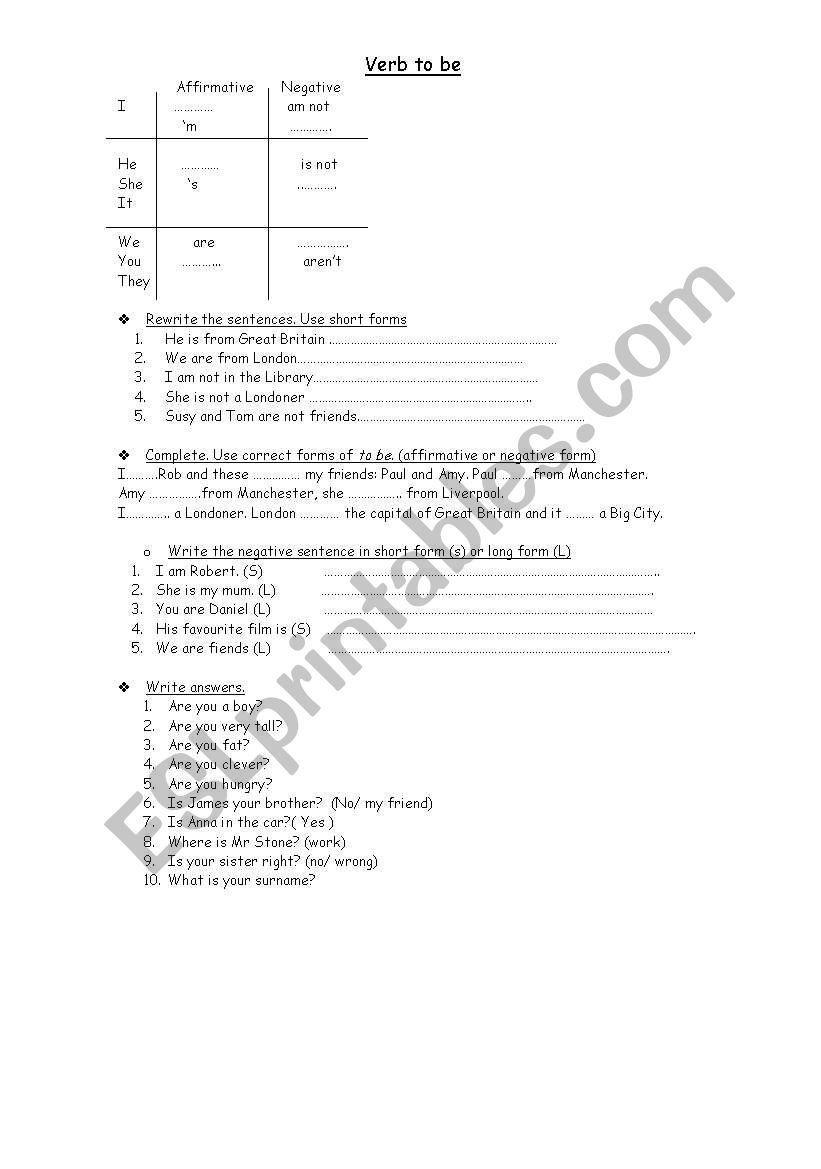 verb to be worksheet