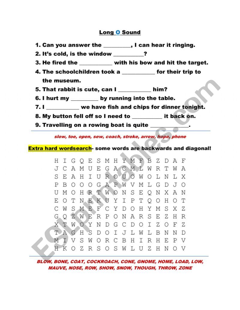 long o sound (phonics) worksheet