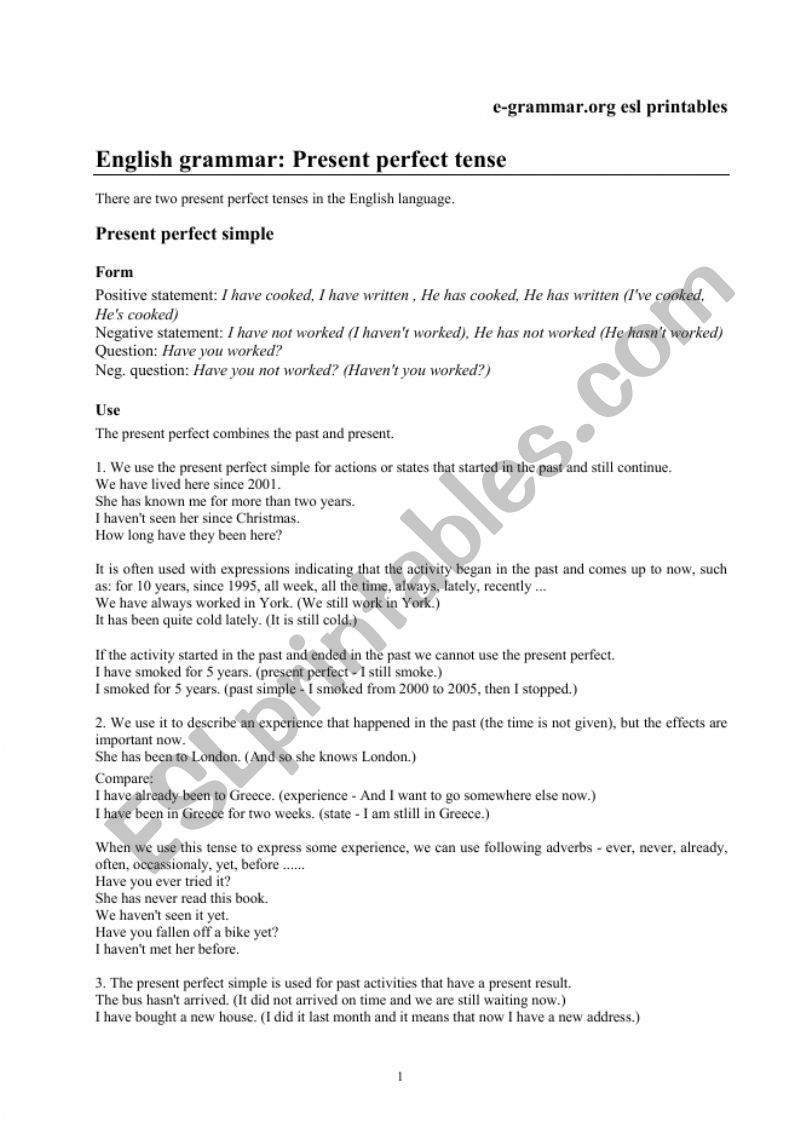 present perfect worksheet