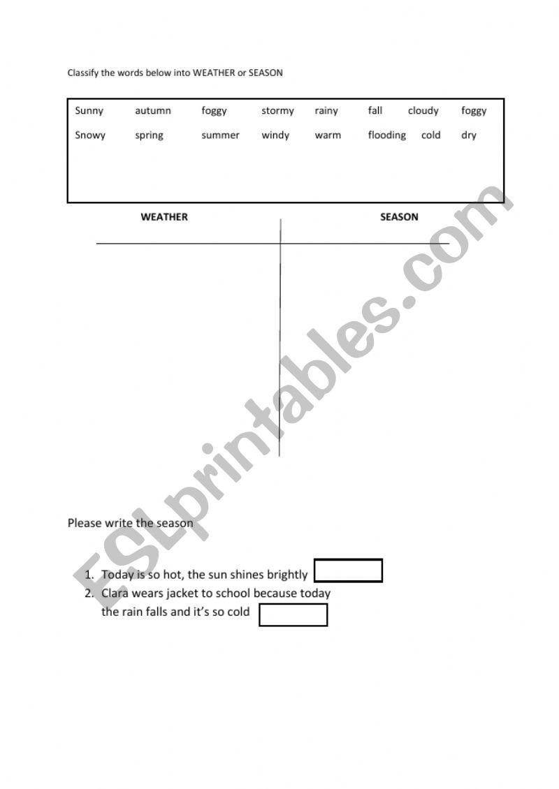 Weather and Season Vocabulary worksheet